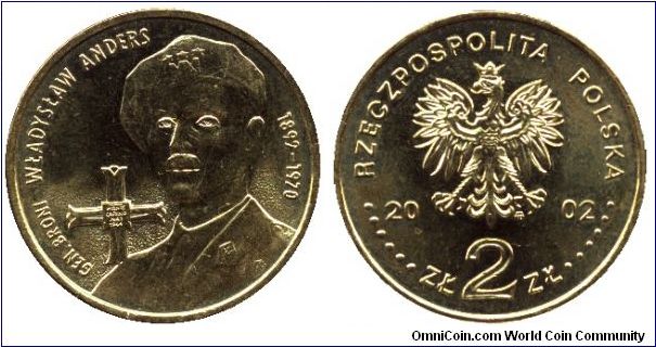 Poland, 2 zlote, 2002, Gen. Broni Wladislaw Anders, 1892-1970.                                                                                                                                                                                                                                                                                                                                                                                                                                                      