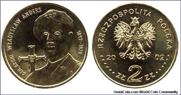 Poland, 2 zlote, 2002, Gen. Broni Wladislaw Anders, 1892-1970.                                                                                                                                                                                                                                                                                                                                                                                                                                                      