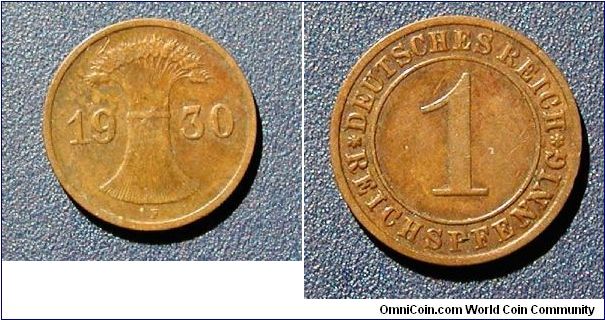 1930 Germany, Weimar Republic 1 Reichspfennig