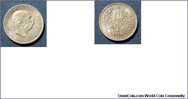 1915 Austria 1 Corona, .835 silver