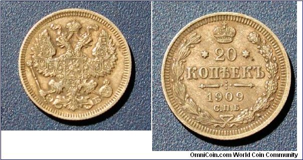 1909 Russia 20 Kopeks, .500 silver
