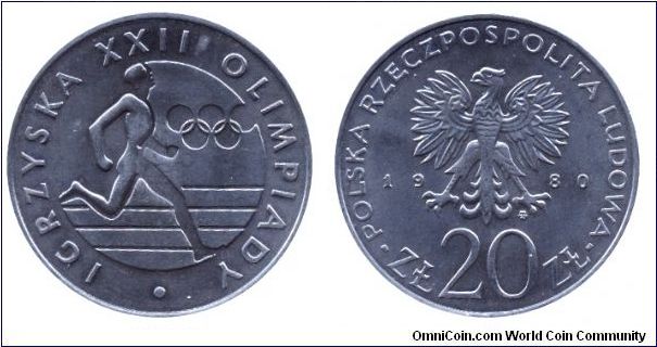 Poland, 20 zlotych, 1980, Cu-Ni, Igryska XXII Olimpady, 1980 Olympics - Runner.                                                                                                                                                                                                                                                                                                                                                                                                                                     
