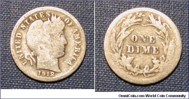 1912 Barber Dime, Part of the Sickly Barber Collection.
