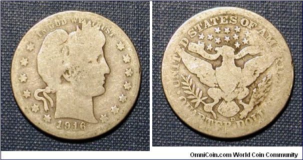 1916-D Barber Quarter, Part of the Sickly Barber Collection.