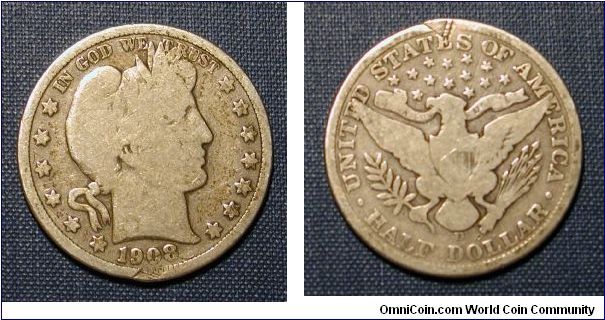 1908-D Barber Half Dollar, Part of the sickly Barber Collection.