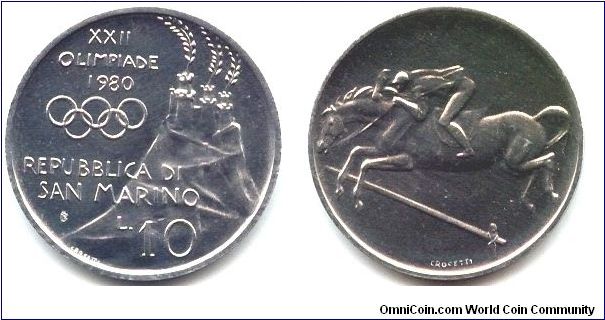San Marino, 10 lire 1980.
XXII Olympic Games in Moscow.