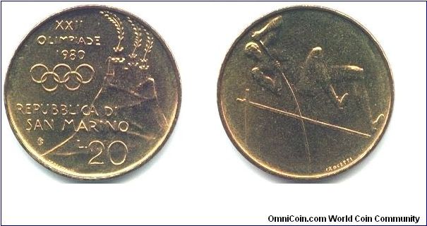 San Marino, 20 lire 1980.
XXII Olympic Games in Moscow.