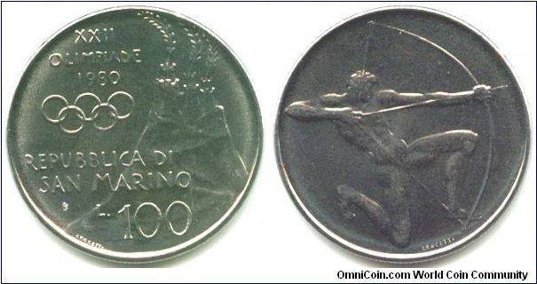 San Marino, 100 lire 1980.
XXII Olympic Games in Moscow.