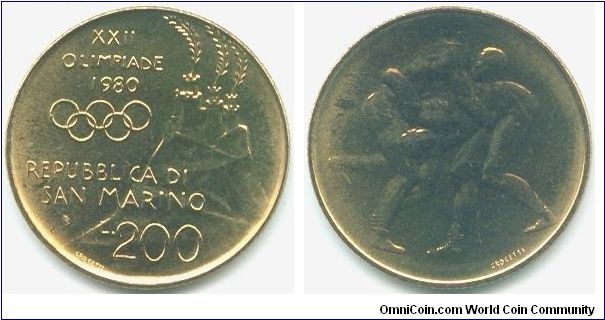 San Marino, 200 lire 1980.
XXII Olympic Games in Moscow.