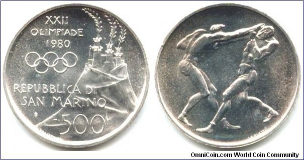 San Marino, 500 lire 1980.
XXII Olympic Games in Moscow.