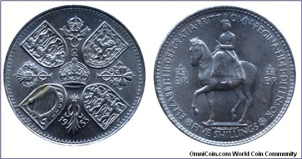 United Kingdom, 5 shillings, 1953, Cu-Ni, 38mm, 28.3g, Coronation of Queen Elizabeth II.                                                                                                                                                                                                                                                                                                                                                                                                                                         