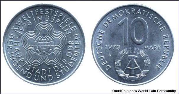 German Democratic Republic, 10 mark, 1973, Cu-Ni, 31mm, MM: A (Berlin), 10th World Youth and Student Games, Berlin.                                                                                                                                                                                                                                                                                                                                                                                                                                    