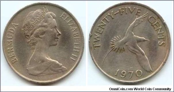 Bermuda, 25 cents 1970.
Queen Elizabeth II.