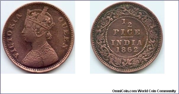 India, 1/2 pice 1862.
Queen Victoria.