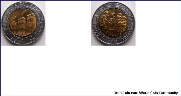 San Marino, 500 lire, 1994, 500 years discovery of America
