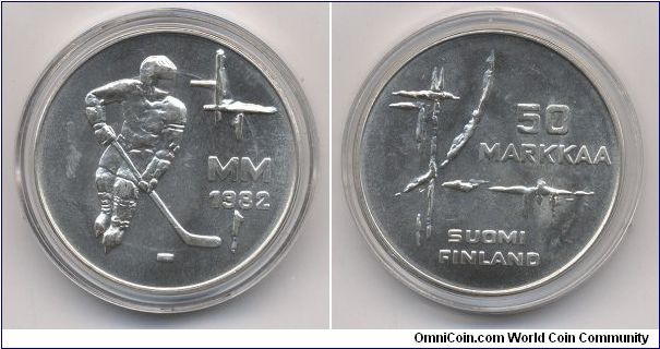 50 markkaa commemorating the World Ice Hockey Championships. Designed by Erja Tielinen.