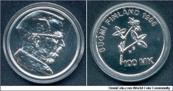 100 markkaa commemorating the birth of Nobel award winning scientist A.I. Virtanen. Designed by Terho Sakki.