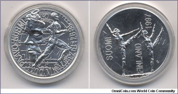 100 markkaa commemorating the centenary of the birth of runner, Paavo Nurmi. Designed by Erkki Salmela.