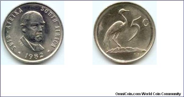South Africa, 5 cents 1982.
President Vorster.
