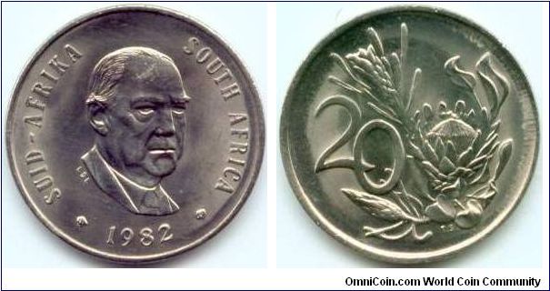 South Africa, 20 cents 1982.
President Vorster.