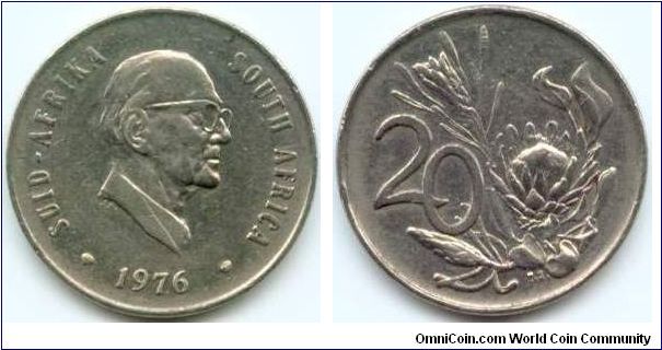 South Africa, 20 cents 1976. President Fouche.