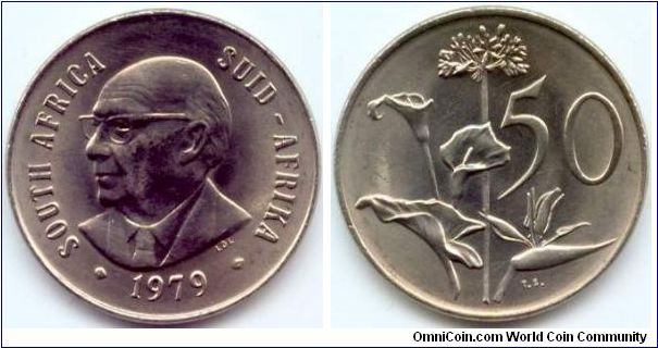 South Africa, 50 cents 1979. President Diederichs.