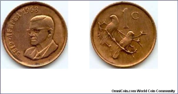 South Africa, 1 cent 1968. President Charles Swart.