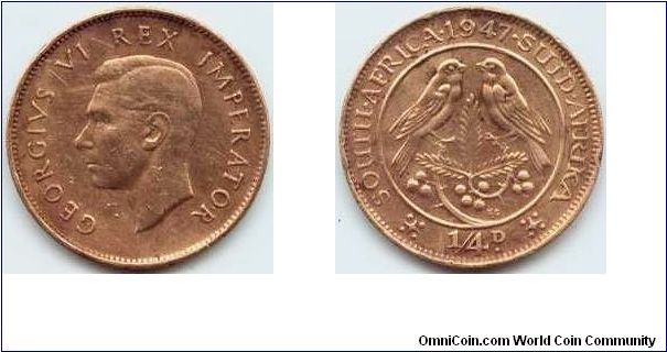 South Africa, 1/4 penny 1947.
King George VI.