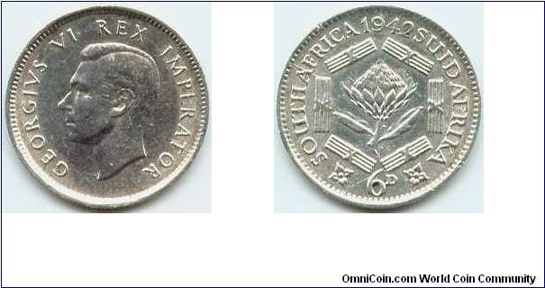 South Africa, 6 pence 1942.
King George VI.
