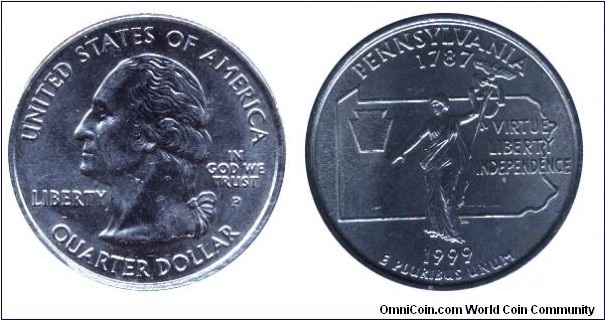 USA, 1/4 dollar, 1990, MM: P, Pennsylvania - 1787, Virtus, Liberty, Independence, Washington                                                                                                                                                                                                                                                                                                                                                                                                                        