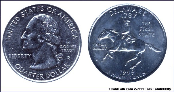USA, 1/4 dollar, 1999, MM: D, Delaware - 1787, The first State, Caesar Rodney, Washington                                                                                                                                                                                                                                                                                                                                                                                                                           