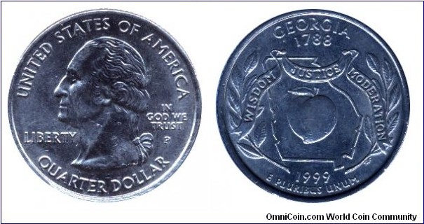 USA, 1/4 dollar, 1999, MM: P, Georgia - 1788, Peach, Washington                                                                                                                                                                                                                                                                                                                                                                                                                                                     