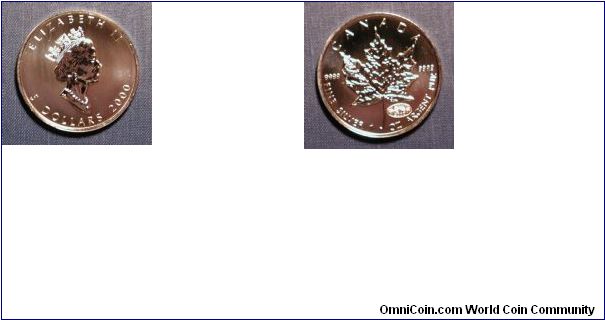 2000 Canada 5 Dollars, Maple Leaf, Silver