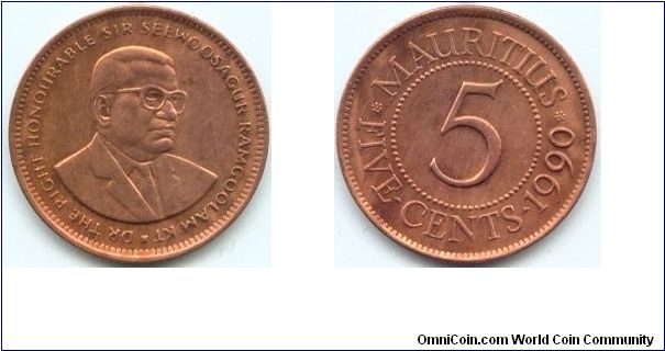 Mauritius, 5 cents 1990.
Sir Seewoosagur Ramgoolam.