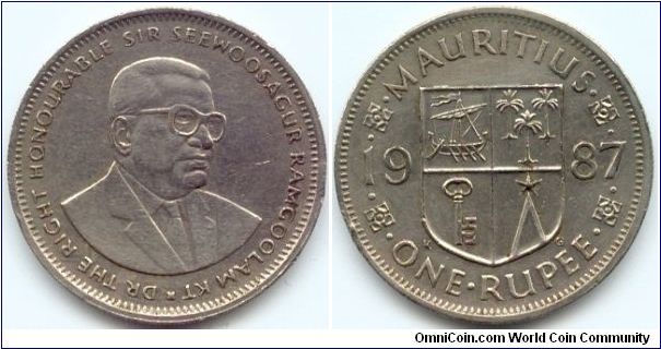 Mauritius, 1 rupee 1987.
Sir Seewoosagur Ramgoolam.