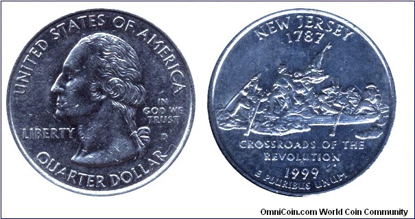 USA, 1/4 dollar, 1999, MM: D, New Jersey -1787, Crossroads of the revolution, Washington.                                                                                                                                                                                                                                                                                                                                                                                                                           