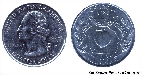USA, 1/4 dollar, 1999, MM: D, Georgia - 1788, Peach, Washington                                                                                                                                                                                                                                                                                                                                                                                                                                                     
