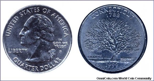 USA, 1/4 dollar, 1999, MM: P, Connecticut - 1788, The Charter Oak, Washington.                                                                                                                                                                                                                                                                                                                                                                                                                                      