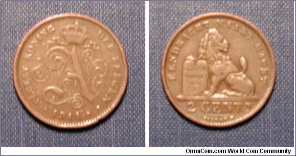 1911 Belgium 2 Cents