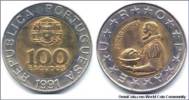 Portugal, 100 escudos 1991.
Pedro Nunes.