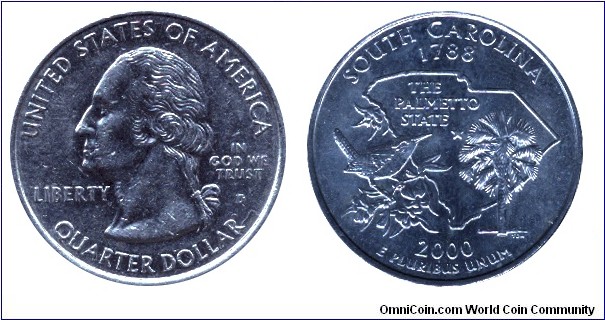 USA, 1/4 dollar, 2000, MM: D, South Carolina - 1788, The Palmetto State, Washington                                                                                                                                                                                                                                                                                                                                                                                                                                 