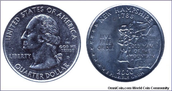 USA, 1/4 dollar, 2000, MM: D, New Hampshire - 1788, Live Free or Die, Washington                                                                                                                                                                                                                                                                                                                                                                                                                                    