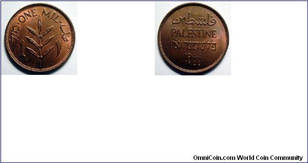 Palestine, 1 mil 1944.

This coin has a bit of a purple tone.