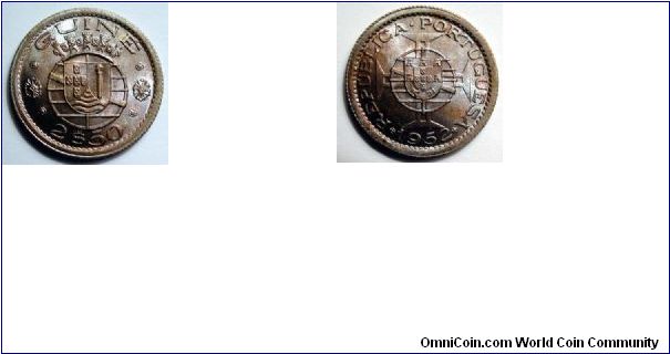 Portuguese Guinea, 2$50 1952.

This coin has odd blue and purple tones with spots of orange.