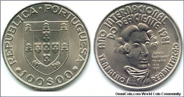 Portugal, 100 escudos 1982.
Jacob Rodrigues Pereira.
1981 - International Year of Disabled Persons.