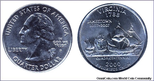 USA, 1/4 dollar, 2000, MM: D, Virginia - 1788, Jamestone 1607-2007, Quadricentennial, Washington                                                                                                                                                                                                                                                                                                                                                                                                                    