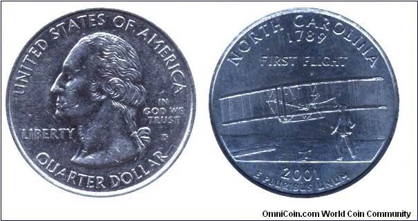 USA, 1/4 dollar, 2001, MM: D, North Carolina - 1789, First Flight, Washington                                                                                                                                                                                                                                                                                                                                                                                                                                       