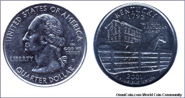 USA, 1/4 dollar, 2001, MM: D, Kentucky - 1792, My Old Kentucky Home, Washington                                                                                                                                                                                                                                                                                                                                                                                                                                     