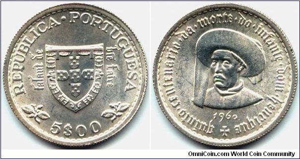 Portugal, 5 escudos 1960.
500th Anniversary - Death of Prince Henry the Navigator.