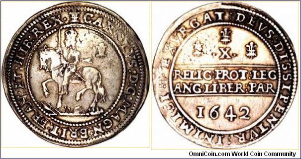 Half pound (ten shillings) or double crown.
Charles I, declaration type, Oxford Mint.
Images copyright Chard
www.24carat.co.uk